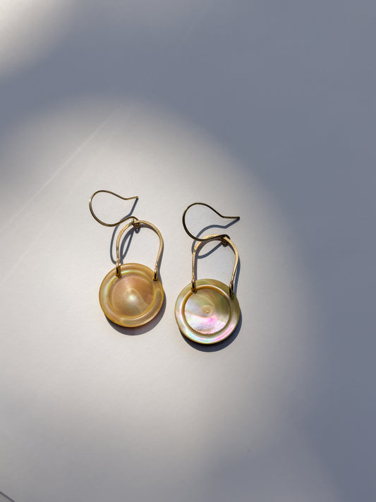 JADEWATER DESIGN | Gold Filled Horse Shoe Hangers w Large Iridescent Discs Earrings