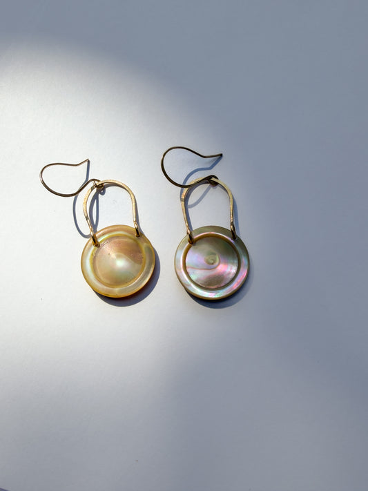 JADEWATER DESIGN | Gold Filled Horse Shoe Hangers w Large Iridescent Discs Earrings