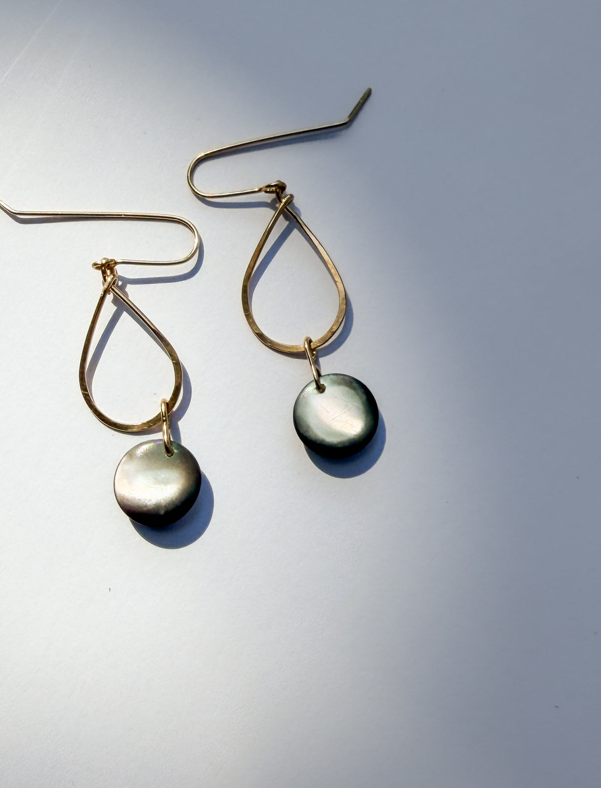 JADEWATER DESIGN | Gold Filled Teardrop Hoops w Silvery Blue Discs Earrings