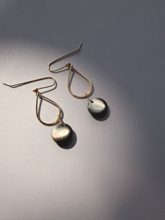 JADEWATER DESIGN | Gold Filled Teardrop Hoops w Silvery Blue Discs Earrings