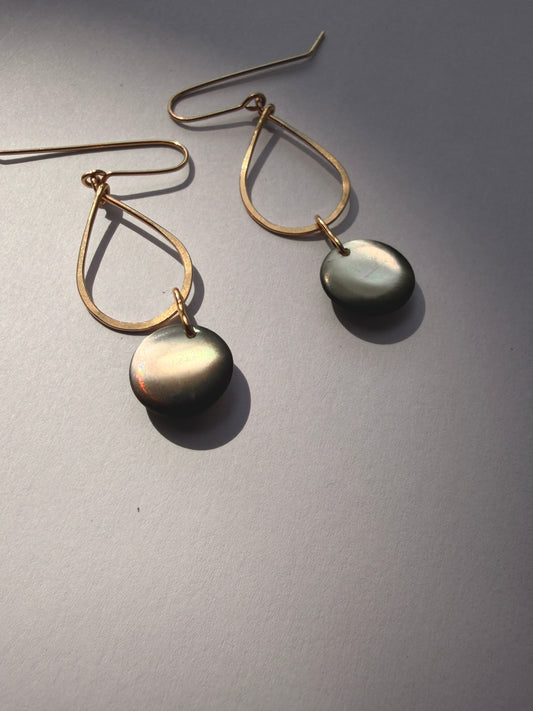 JADEWATER DESIGN | Gold Filled Teardrop Hoops w Silvery Blue Discs Earrings