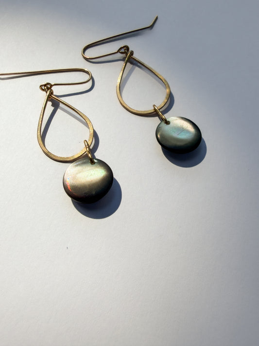 JADEWATER DESIGN | Gold Filled Teardrop Hoops w Silvery Blue Discs Earrings