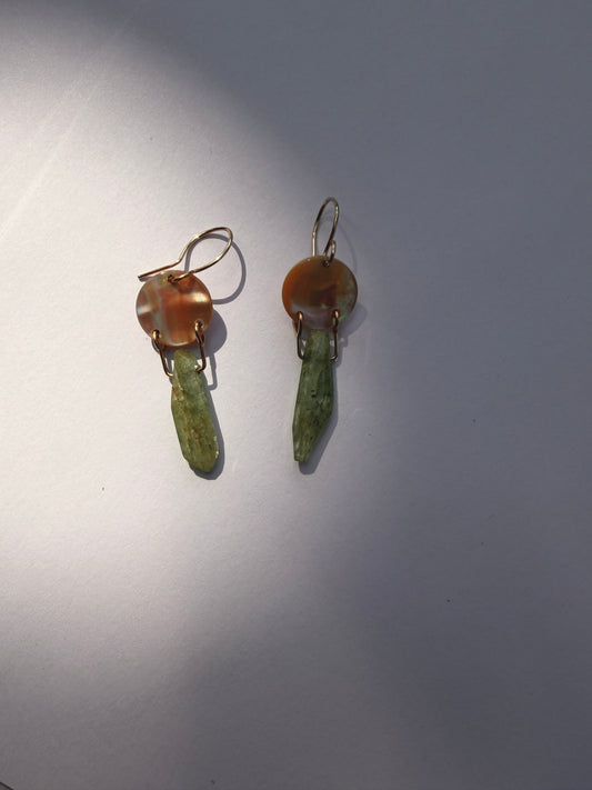 JADEWATER DESIGN | Iridescent Discs w Green Kyanite Drop Earrings