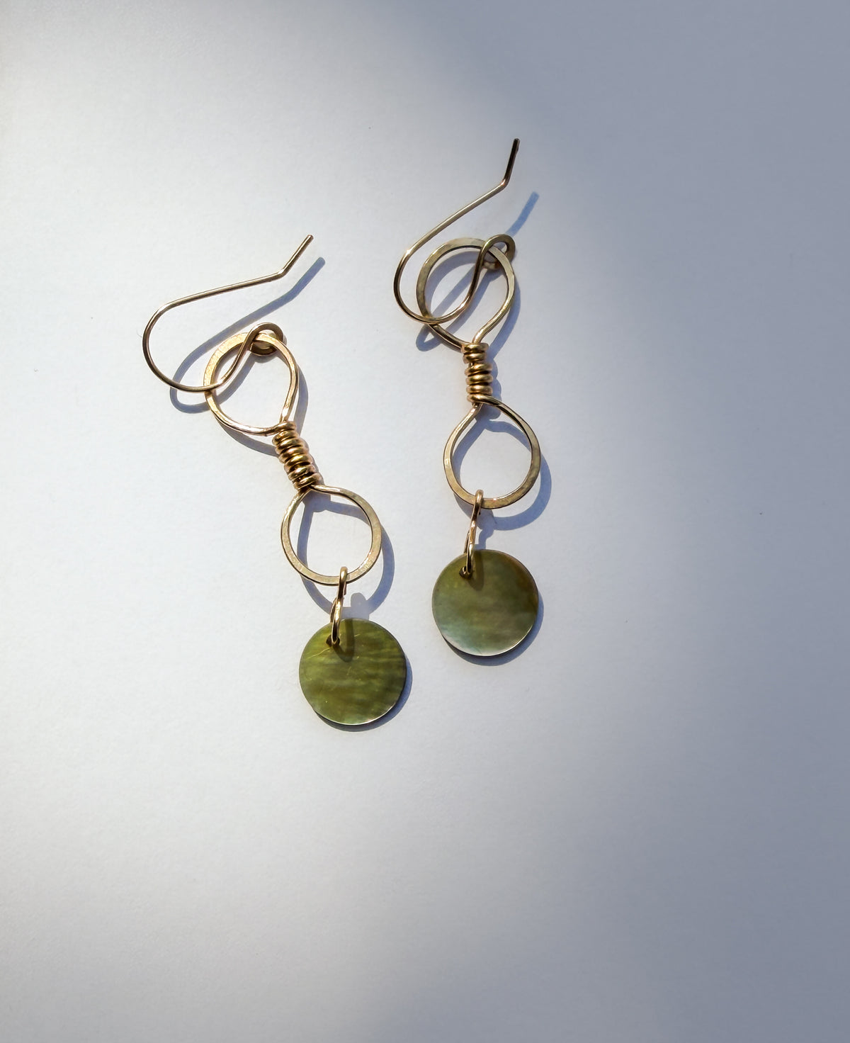 JADEWATER DESIGN | Double Wrapped Gold Filled Hoops with Silvery Shell Discs Earrings