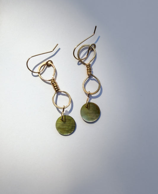JADEWATER DESIGN | Double Wrapped Gold Filled Hoops with Silvery Shell Discs Earrings