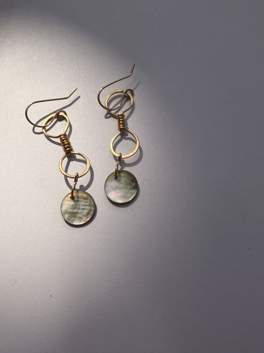 JADEWATER DESIGN | Double Wrapped Gold Filled Hoops with Silvery Shell Discs Earrings