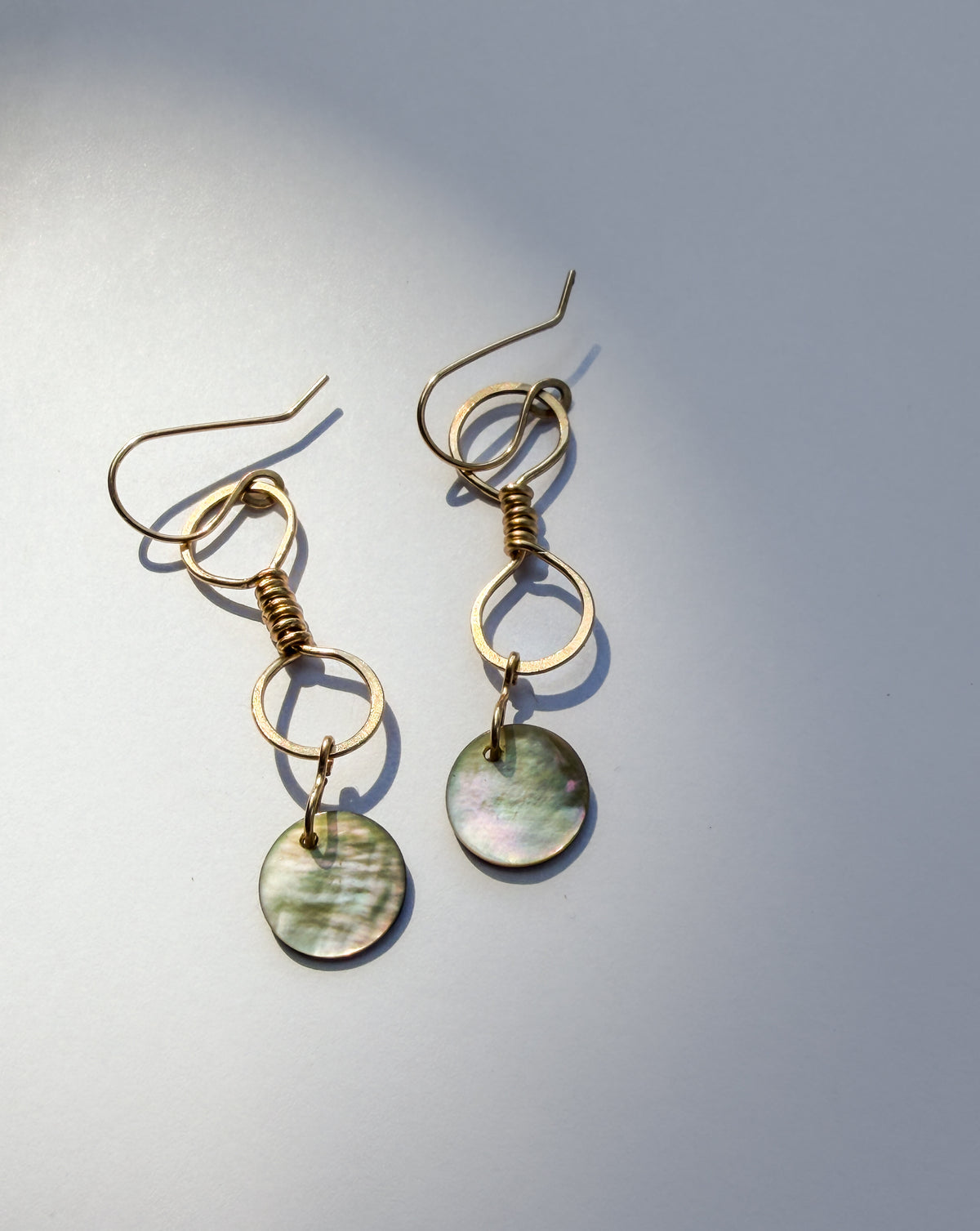 JADEWATER DESIGN | Double Wrapped Gold Filled Hoops with Silvery Shell Discs Earrings