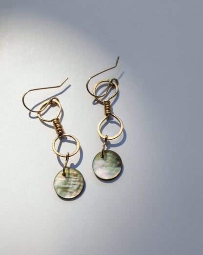 JADEWATER DESIGN | Double Wrapped Gold Filled Hoops with Silvery Shell Discs Earrings