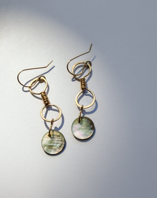 JADEWATER DESIGN | Double Wrapped Gold Filled Hoops with Silvery Shell Discs Earrings