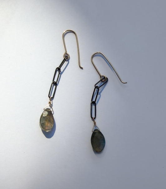 JADEWATER DESIGN | Oxidized Chain w Labradorite Teardrop Earrings
