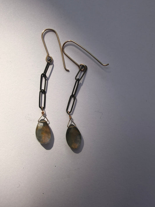 JADEWATER DESIGN | Oxidized Chain w Labradorite Teardrop Earrings