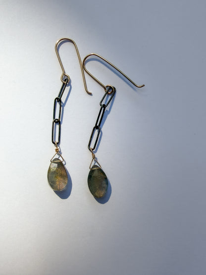JADEWATER DESIGN | Oxidized Chain w Labradorite Teardrop Earrings