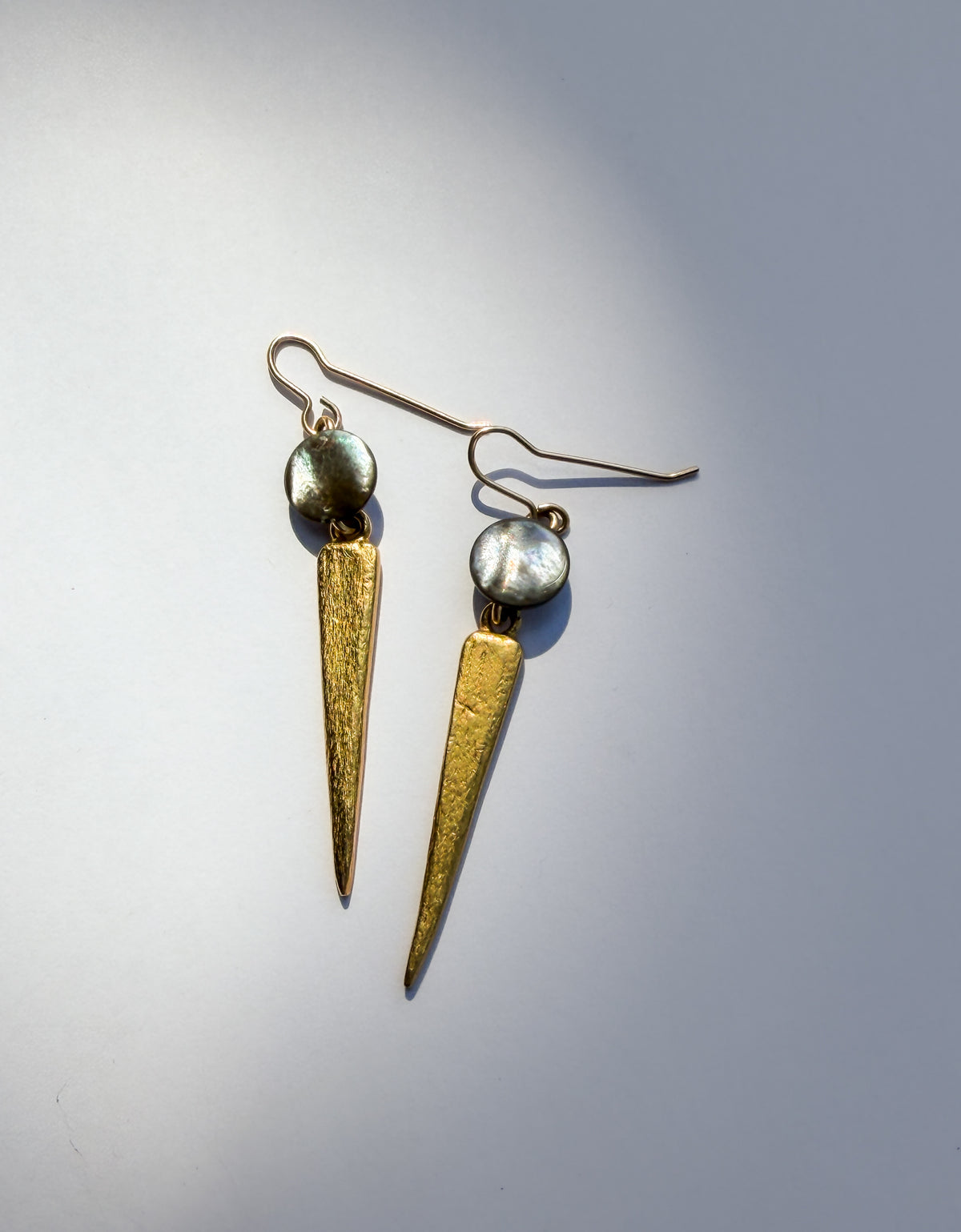 JADEWATER DESIGN | Silvery Button Discs w Vermeil Spear Drop Earrings