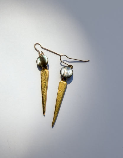 JADEWATER DESIGN | Silvery Button Discs w Vermeil Spear Drop Earrings