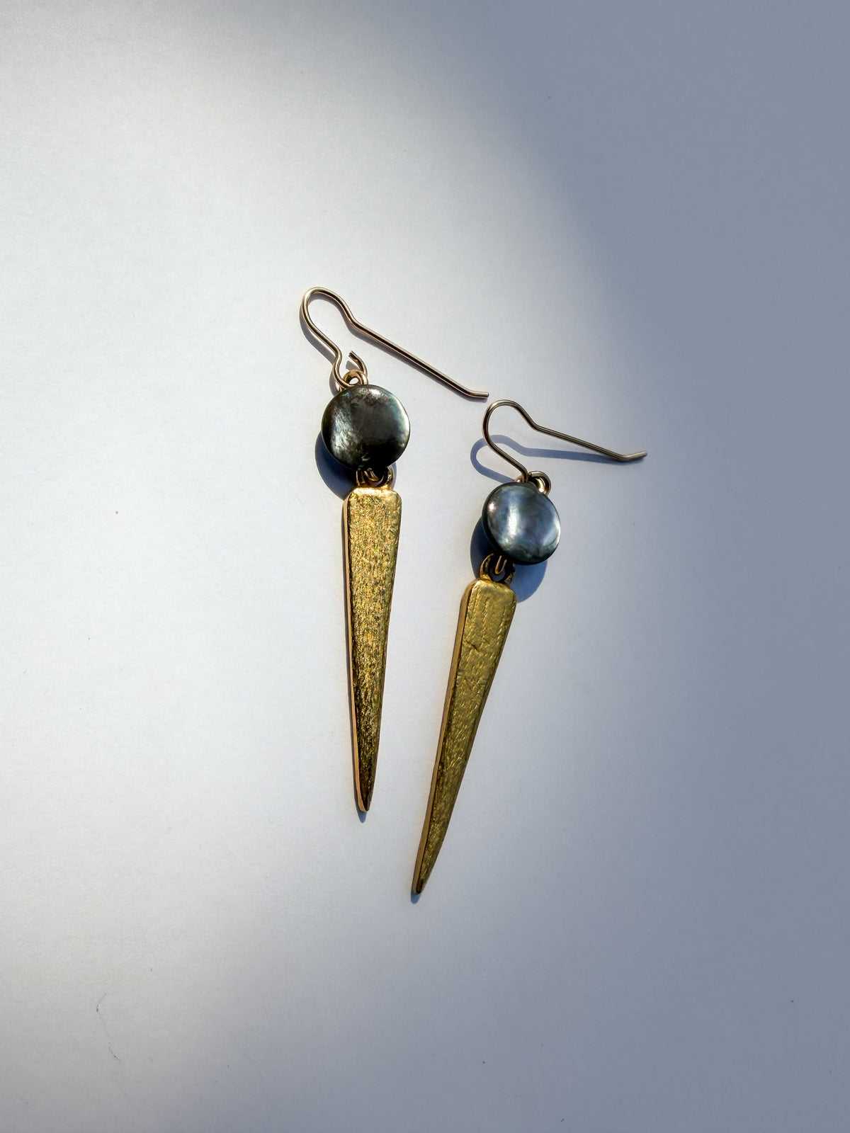 JADEWATER DESIGN | Silvery Button Discs w Vermeil Spear Drop Earrings