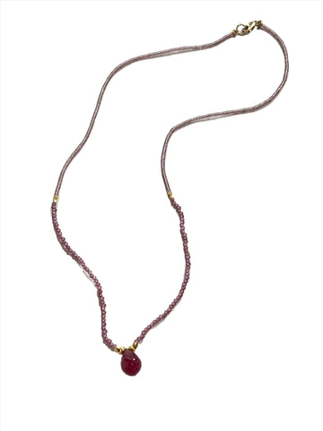 Debbie Fisher | Light Pink Seed, Garnet and Ruby Drop Necklace