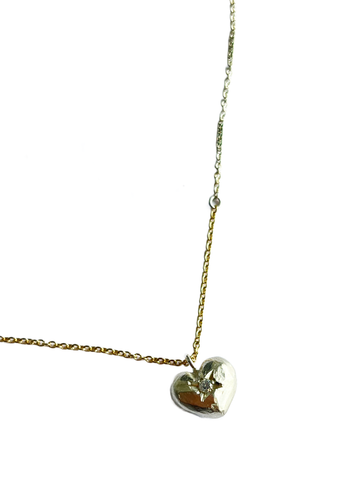 Sonja Fries | Sterling Silver Diamond Heart Necklace w/ S/S and 14k gold chain necklace