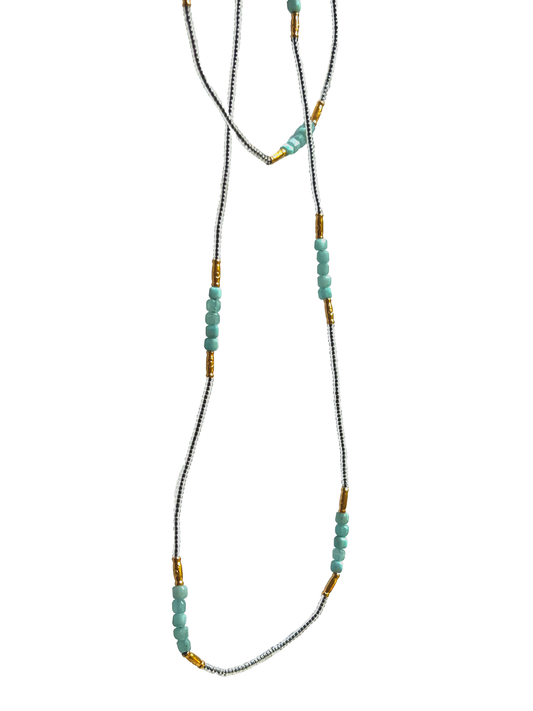 DEBBIE FISHER | Clear Seed, Gold Vermeil and Amazonite Beads w/ Gold Fill Clasp Necklace