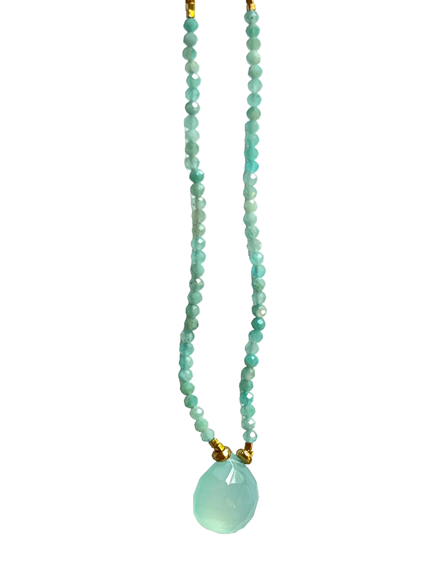 Debbie Fisher | Grey Seed Bead with Amazonite, Gold Vermeil, and Calcite Drop Necklace