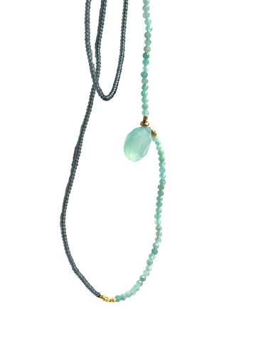 Debbie Fisher | Grey Seed Bead with Amazonite, Gold Vermeil, and Calcite Drop Necklace