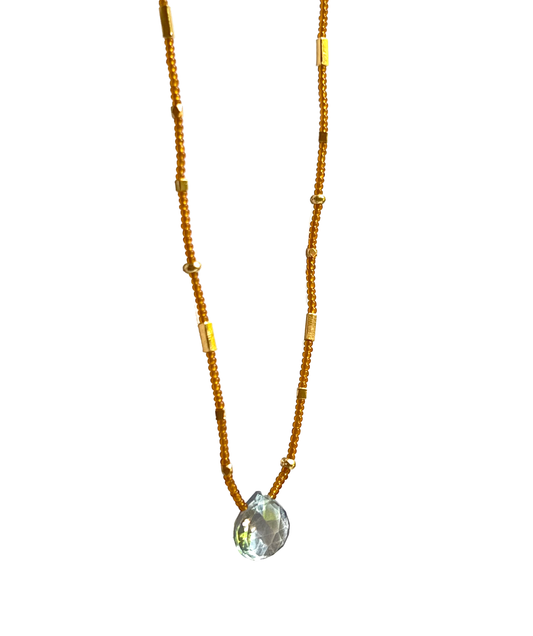DEBBIE FISHER | Amber Seed, Gold Vermeil and Whisky Quartz Beads w/ Gold Fill Clasp Necklace