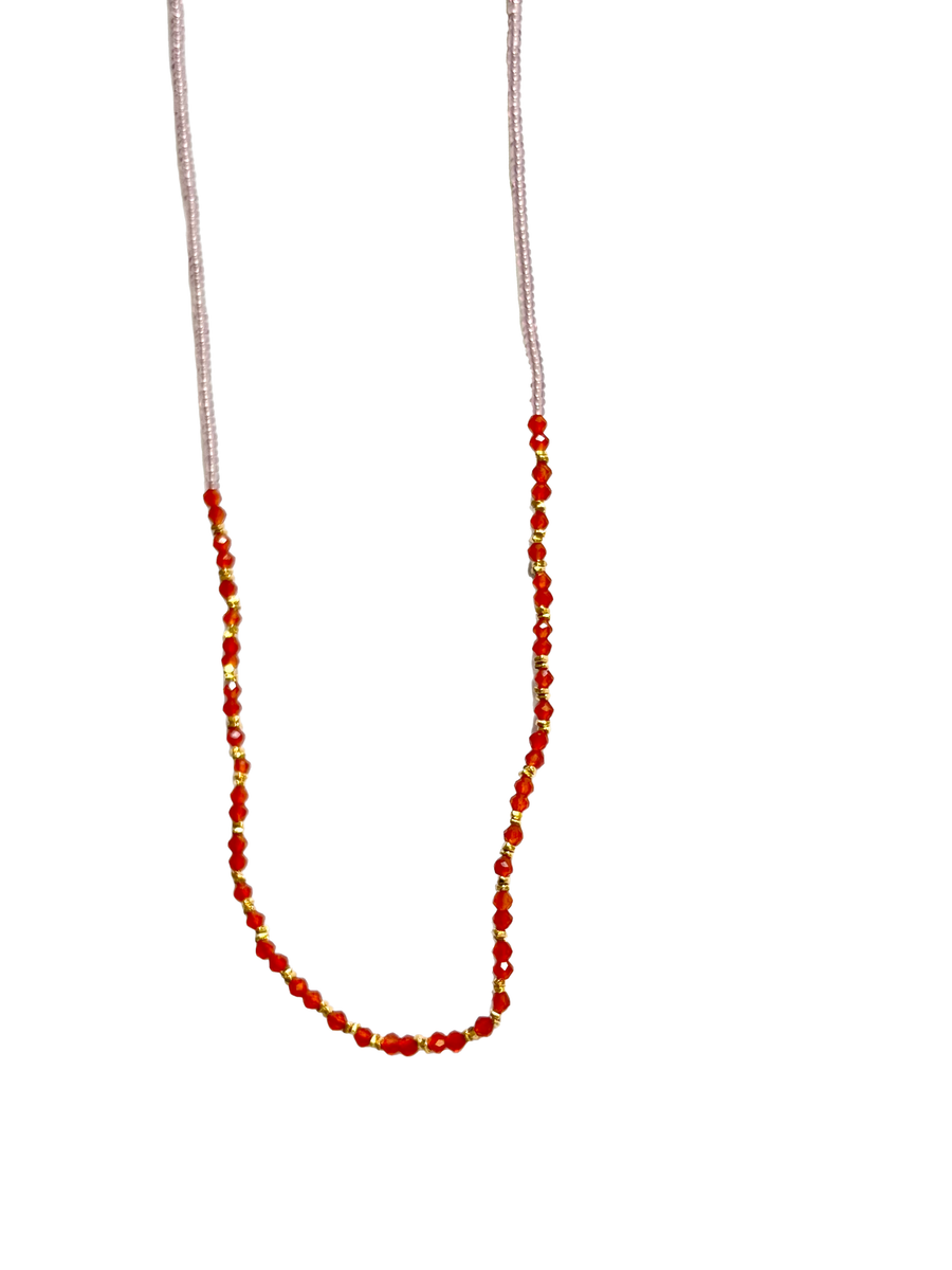 Debbie Fisher | Clear Pink Seed, Carnelian and Gold Vermeil Beads w/ Gold Fill Clasp Necklace