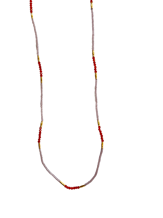 DEBBIE FISHER | Clear Pink Seed, Carnelian and Gold Vermeil Beads w/ Gold Fill Clasp Necklace