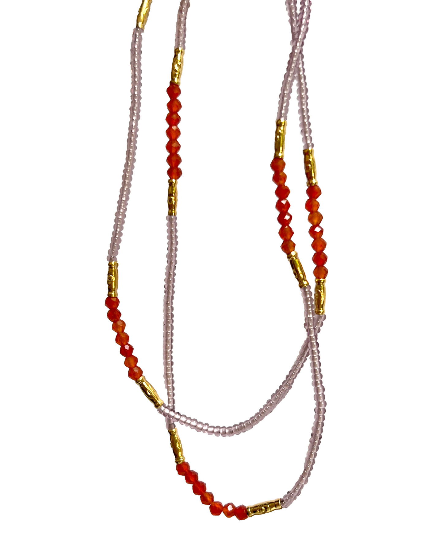 DEBBIE FISHER | Clear Pink Seed, Carnelian and Gold Vermeil Beads w/ Gold Fill Clasp Necklace