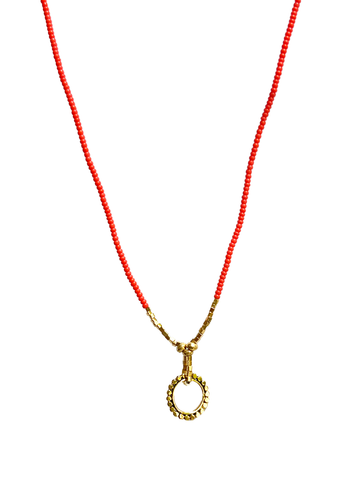 Debbie Fisher | Coral seed bead w gold vermeil beads and circle charm necklace