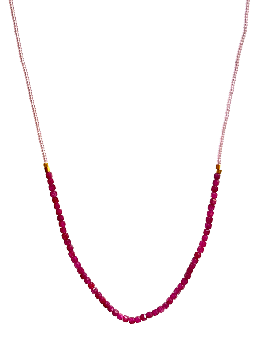 DEBBIE FISHER | Pink Glass Seed, Gold Vermeil and Ruby Beads w/ Gold Fill Clasp Necklace