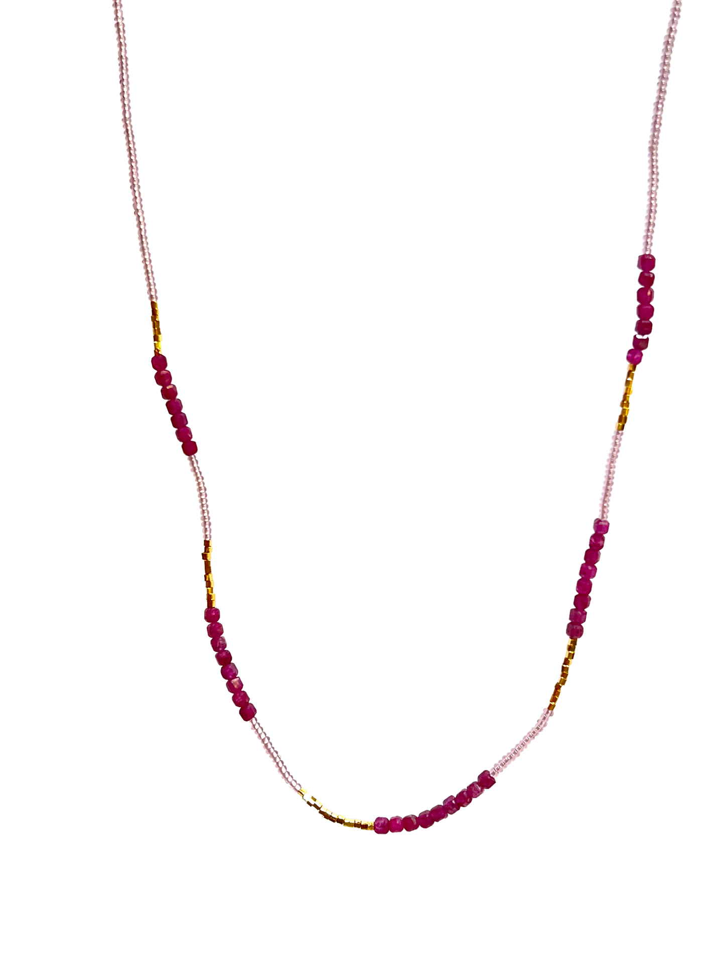 DEBBIE FISHER | Pink Glass Seed, Gold Vermeil and Ruby Beads w/ Gold Fill Clasp Necklace