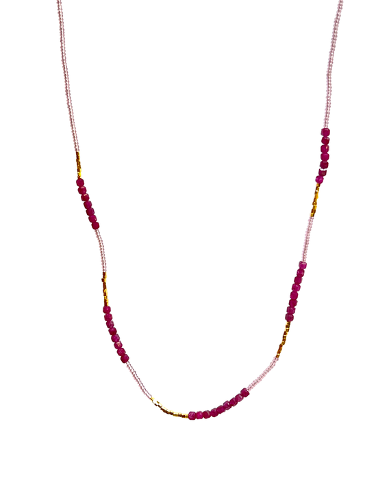 DEBBIE FISHER | Pink Glass Seed, Gold Vermeil and Ruby Beads w/ Gold Fill Clasp Necklace