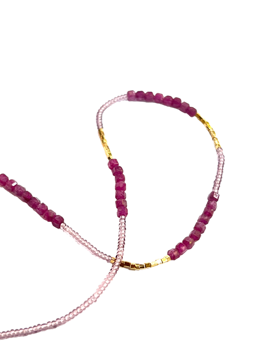 DEBBIE FISHER | Pink Glass Seed, Gold Vermeil and Ruby Beads w/ Gold Fill Clasp Necklace