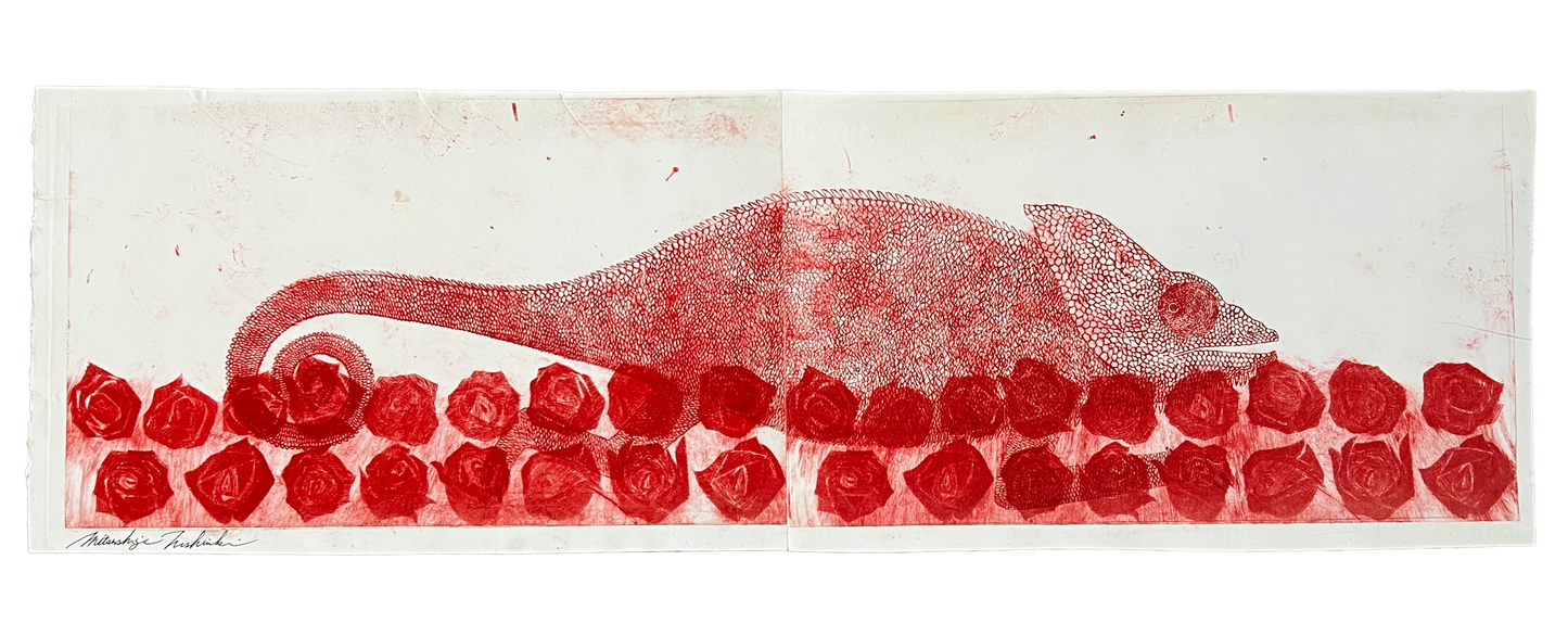 Red Chameleon/Roses by Mitsushige Nishiwaki