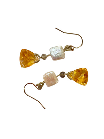 DANIELLE WELMOND | Woven Brown Cord Earrings with Citrine and Square Pearl Drops