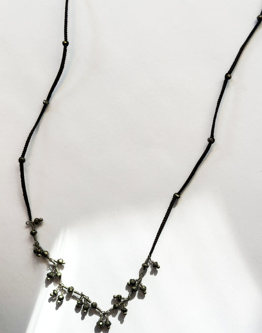 DANIELLE WELMOND | Woven Dark Brown Silk Cord w/ Silver Chain and Pyrite