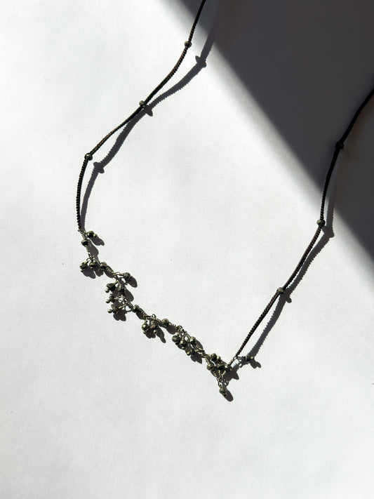DANIELLE WELMOND | Woven Dark Brown Silk Cord w/ Silver Chain and Pyrite