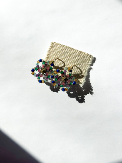 DANIELLE WELMOND | Woven Gold Cord Flower with White Pearl, Chrome, Citrine, Lapis, Apatite, Gold Pyrite and Pink Sapphire Earrings