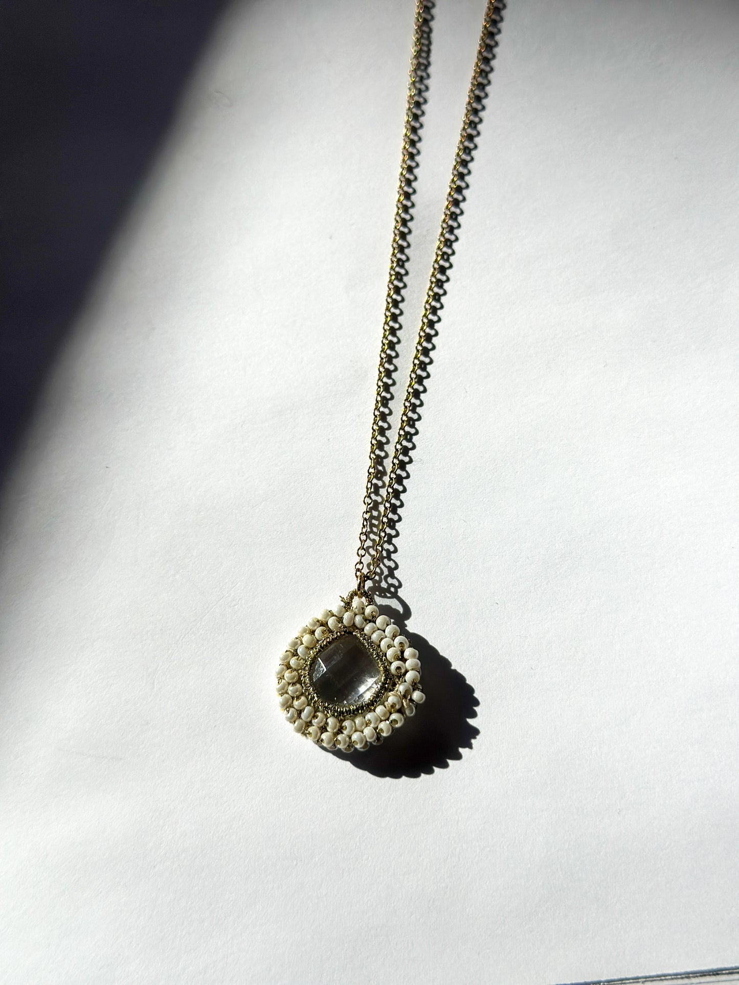 DANIELLE WELMOND | Caged Crystal Quartz Necklace w/ Gold Cord and White Pearl on 14K Gold Vermeil Chain