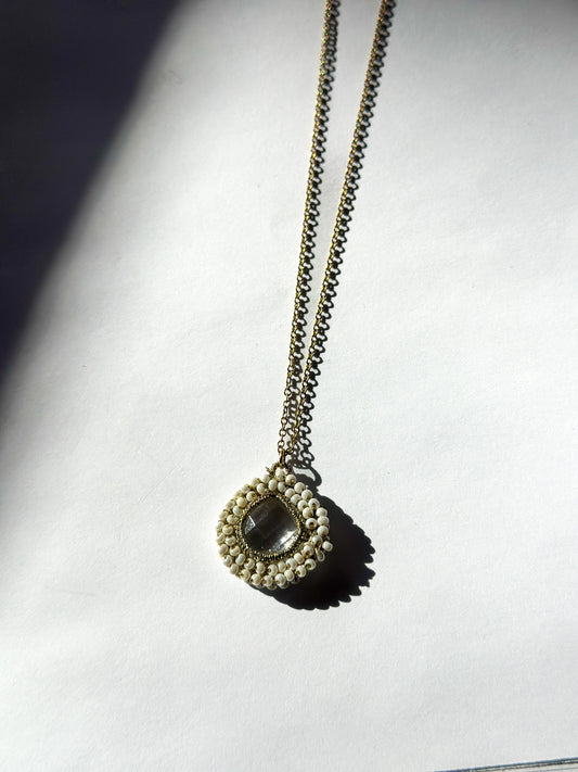 DANIELLE WELMOND | Caged Crystal Quartz Necklace w/ Gold Cord and White Pearl on 14K Gold Vermeil Chain