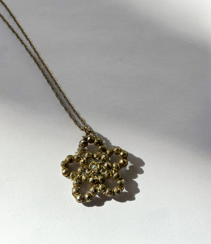 DANIELLE WELMOND | Woven Gold Cord Necklace w/ Gold Pyrite and Center White Pearl on 14K Gold Vermeil
