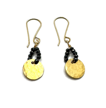 Black Spinel Beads with Gold Fill Disc and Wire Earring