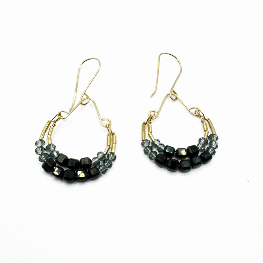 Grey Quartz, Black Spinel Beads on Gold-Fill Wire Earrings