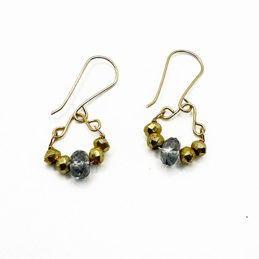 Gold Pyrite, Grey Quartz on Gold Fill Wire Earring