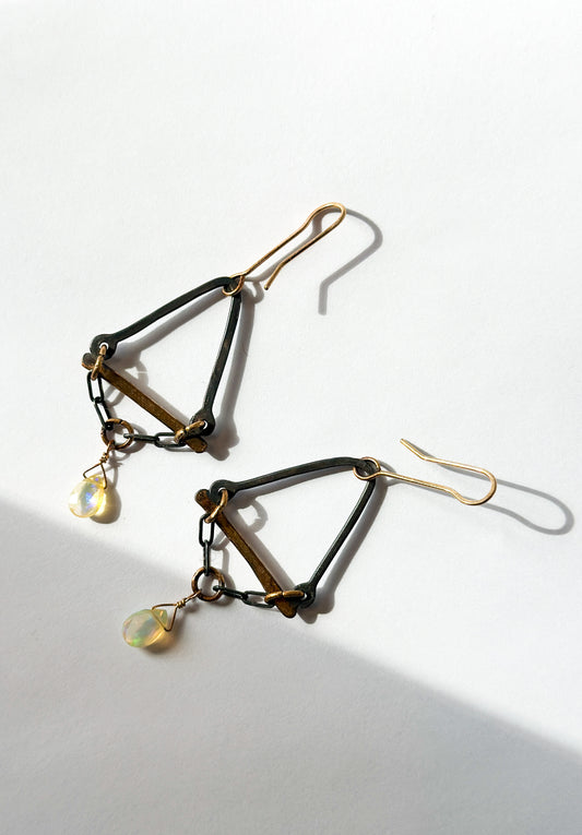 JADEWATER DESIGN | Oxidized Triangles with Gold Cross Bar, Opal Drop