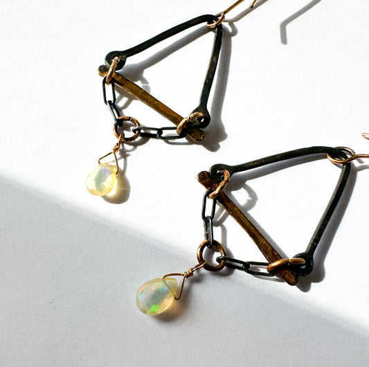 JADEWATER DESIGN | Oxidized Triangles with Gold Cross Bar, Opal Drop