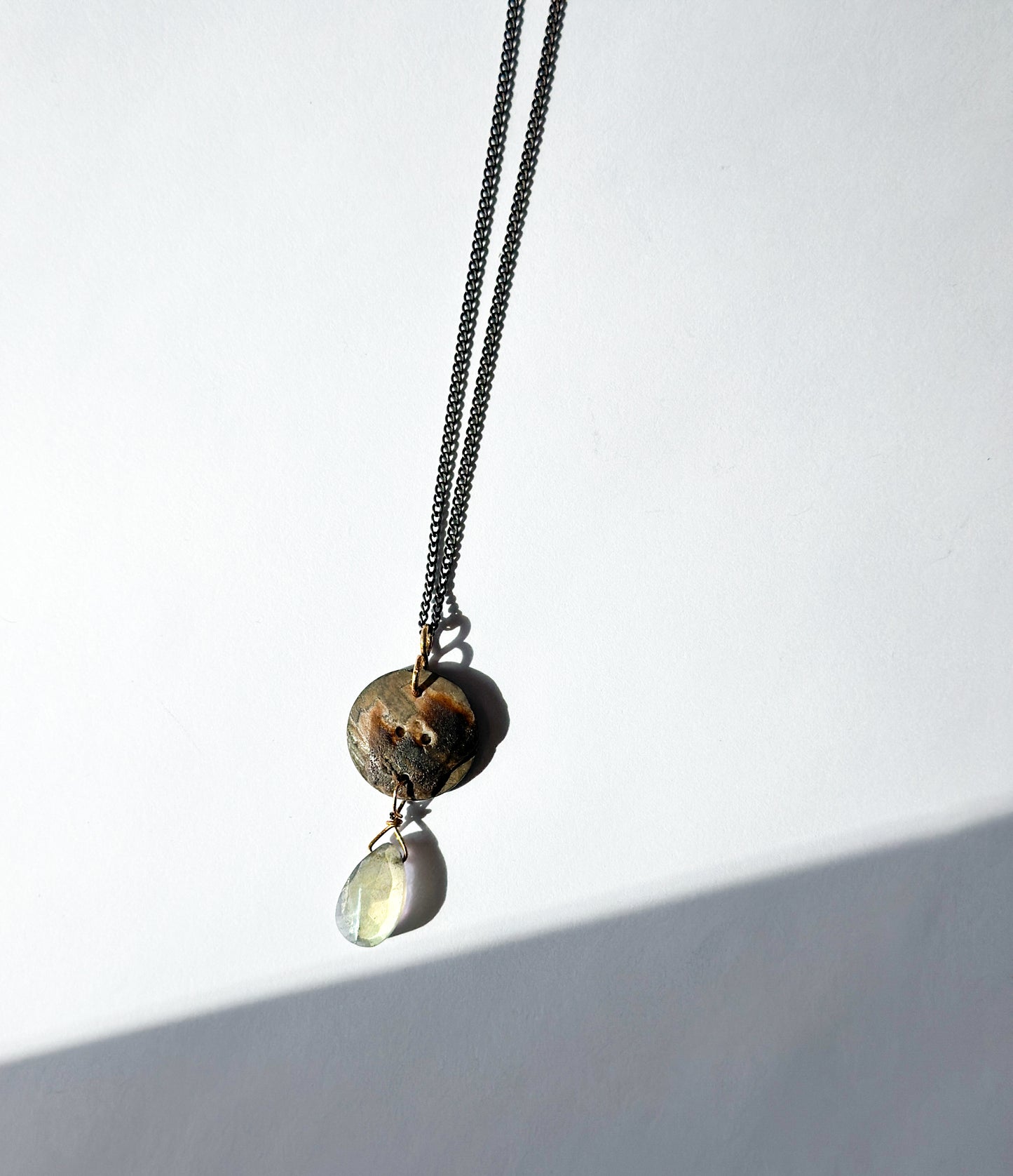 JADEWATER DESIGN | Antique Carved Button, Rainbow Moonstones on beaded chain