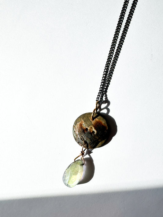 JADEWATER DESIGN | Antique Carved Button, Rainbow Moonstones on beaded chain