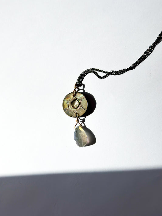 JADEWATER DESIGN | Spirograph Iridescent Button with Silver Cup, Labradorite Teardrop