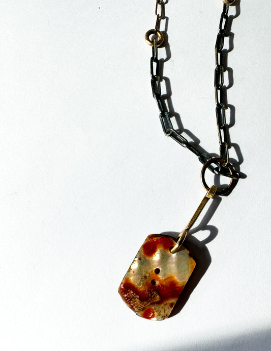 JADEWATER DESIGN | Carved Victorian Button with Gold Center; gold and silver chain